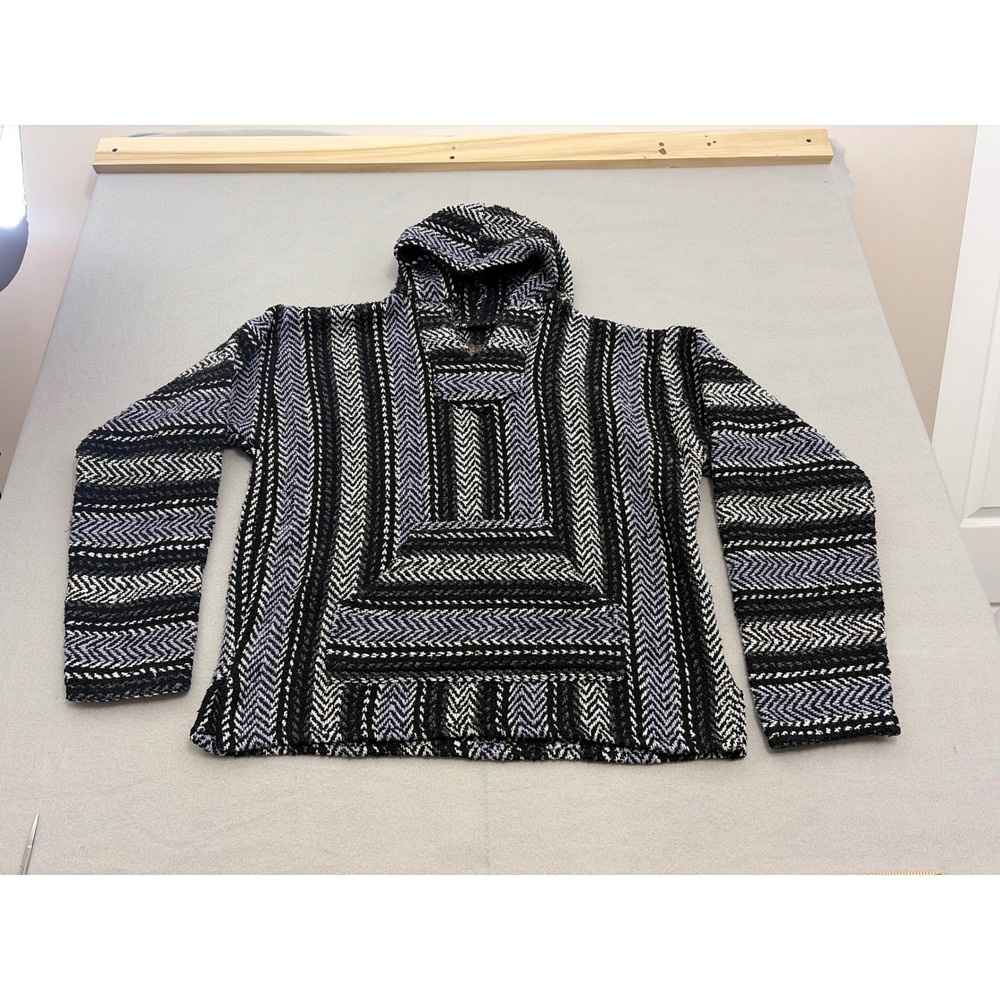 Baja Joe Mexican Drug Rug Hoodie XL Black Purple White Striped Jerga Pullover